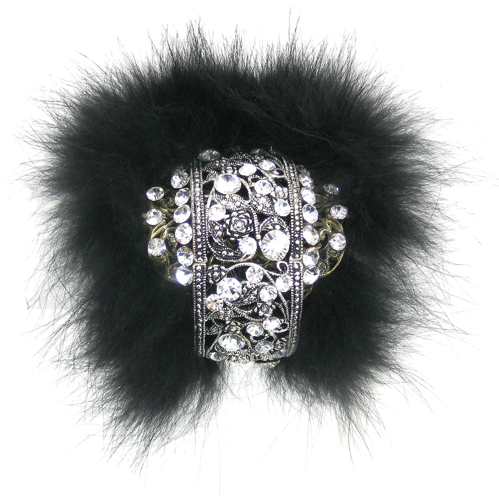 #1020b Old Silver/Gold Tone, Rhinestone & Black Fur Cuff Bracelet