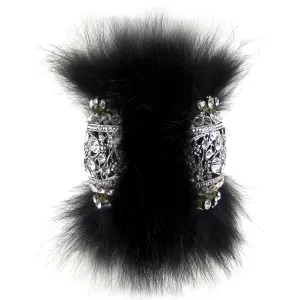 #1020b Old Silver/Gold Tone, Rhinestone & Black Fur Cuff Bracelet