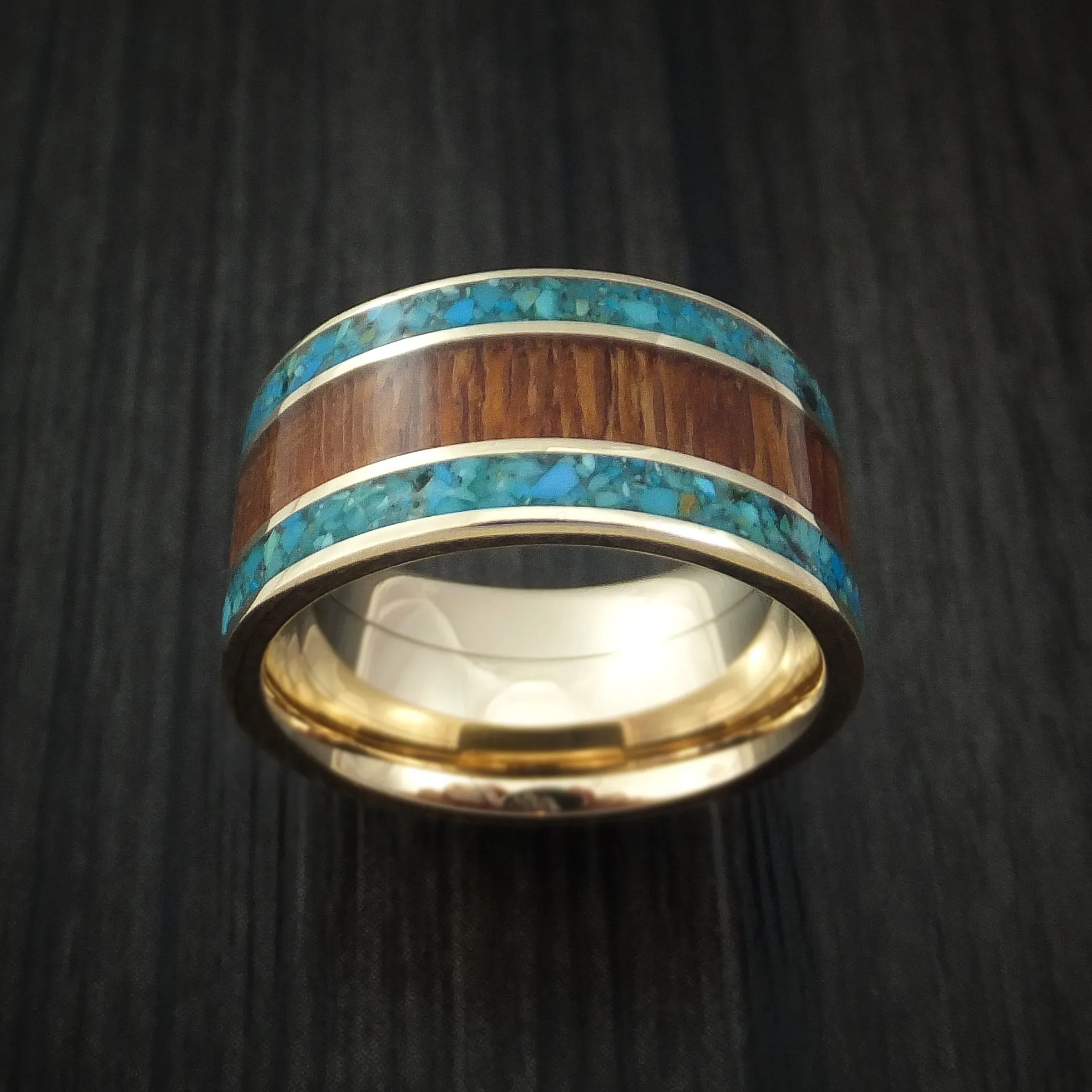 14K Yellow Gold Men's Ring with Leopard Wood and Turquoise Custom Made Band