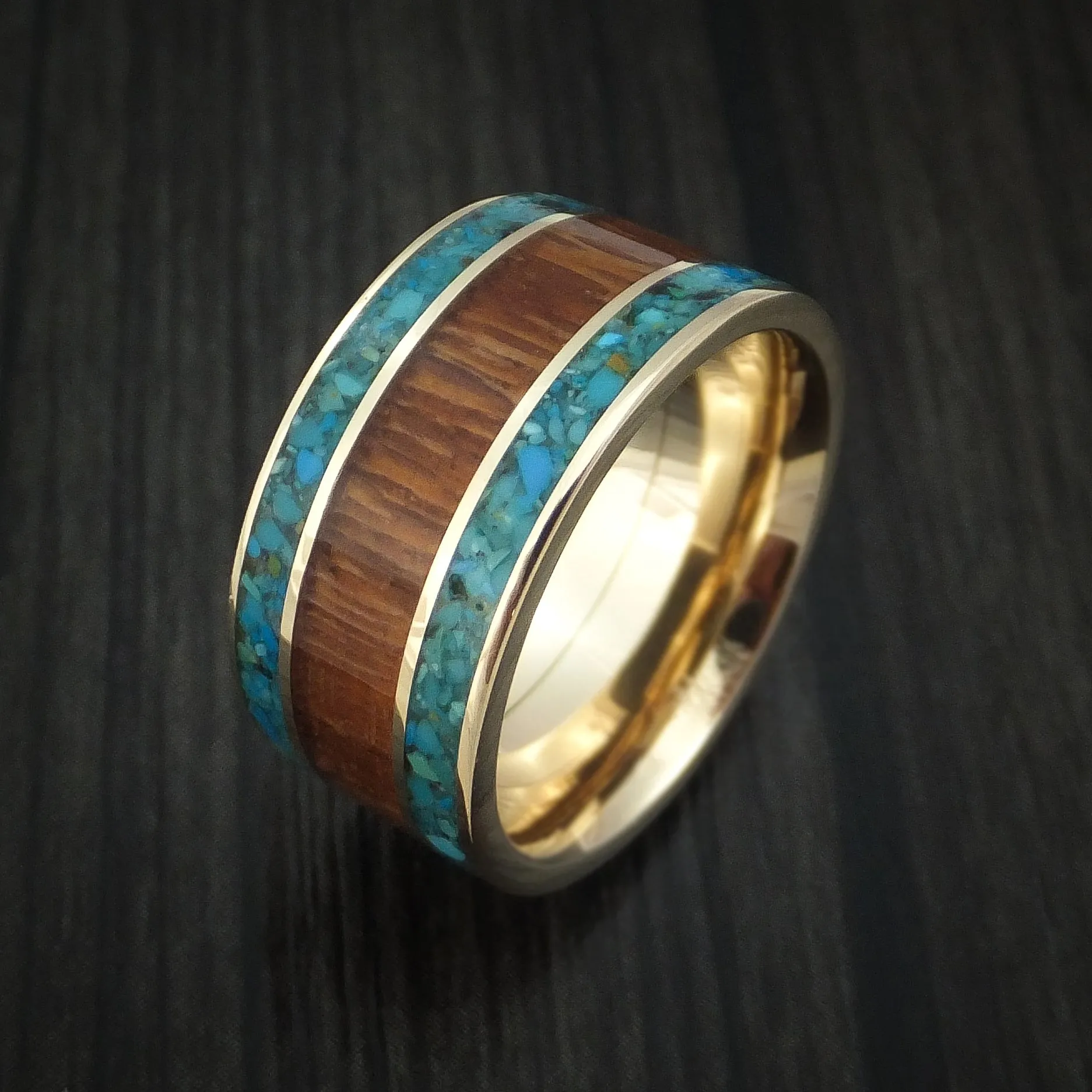 14K Yellow Gold Men's Ring with Leopard Wood and Turquoise Custom Made Band