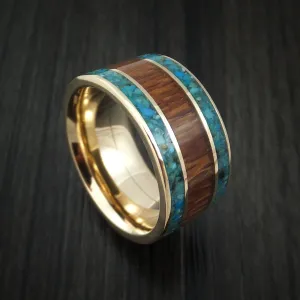 14K Yellow Gold Men's Ring with Leopard Wood and Turquoise Custom Made Band