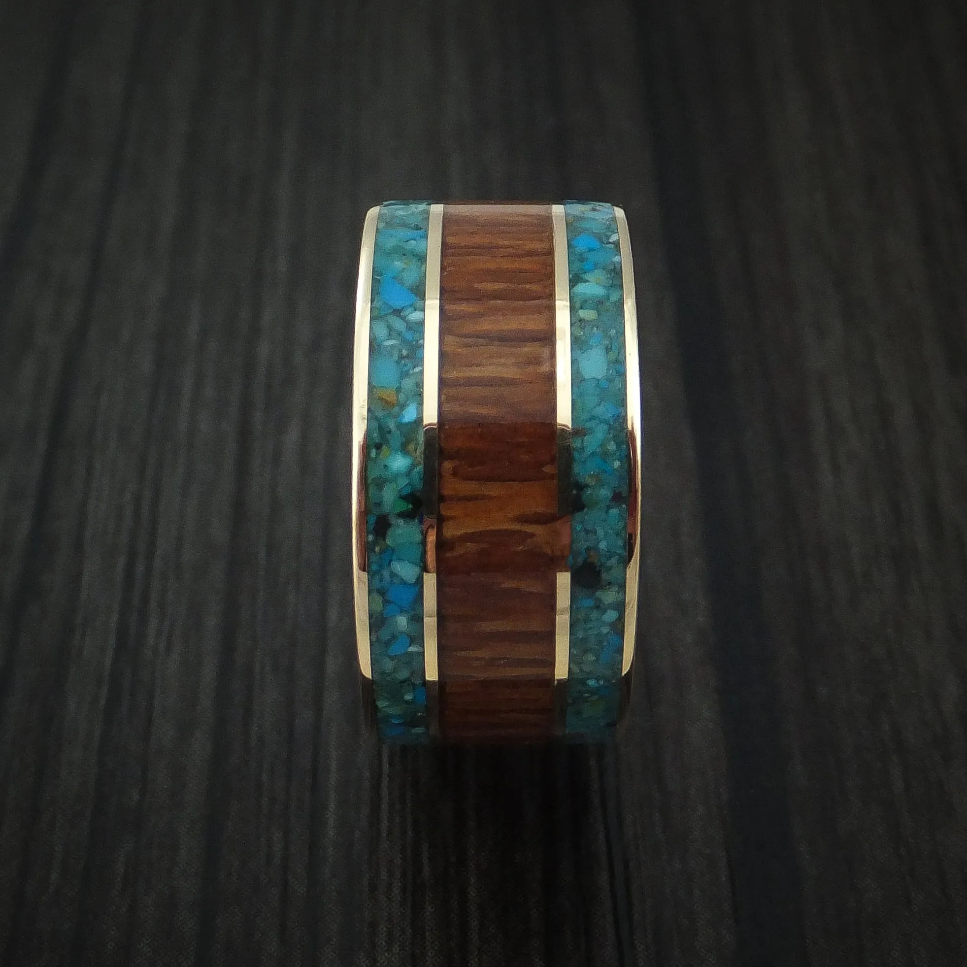 14K Yellow Gold Men's Ring with Leopard Wood and Turquoise Custom Made Band