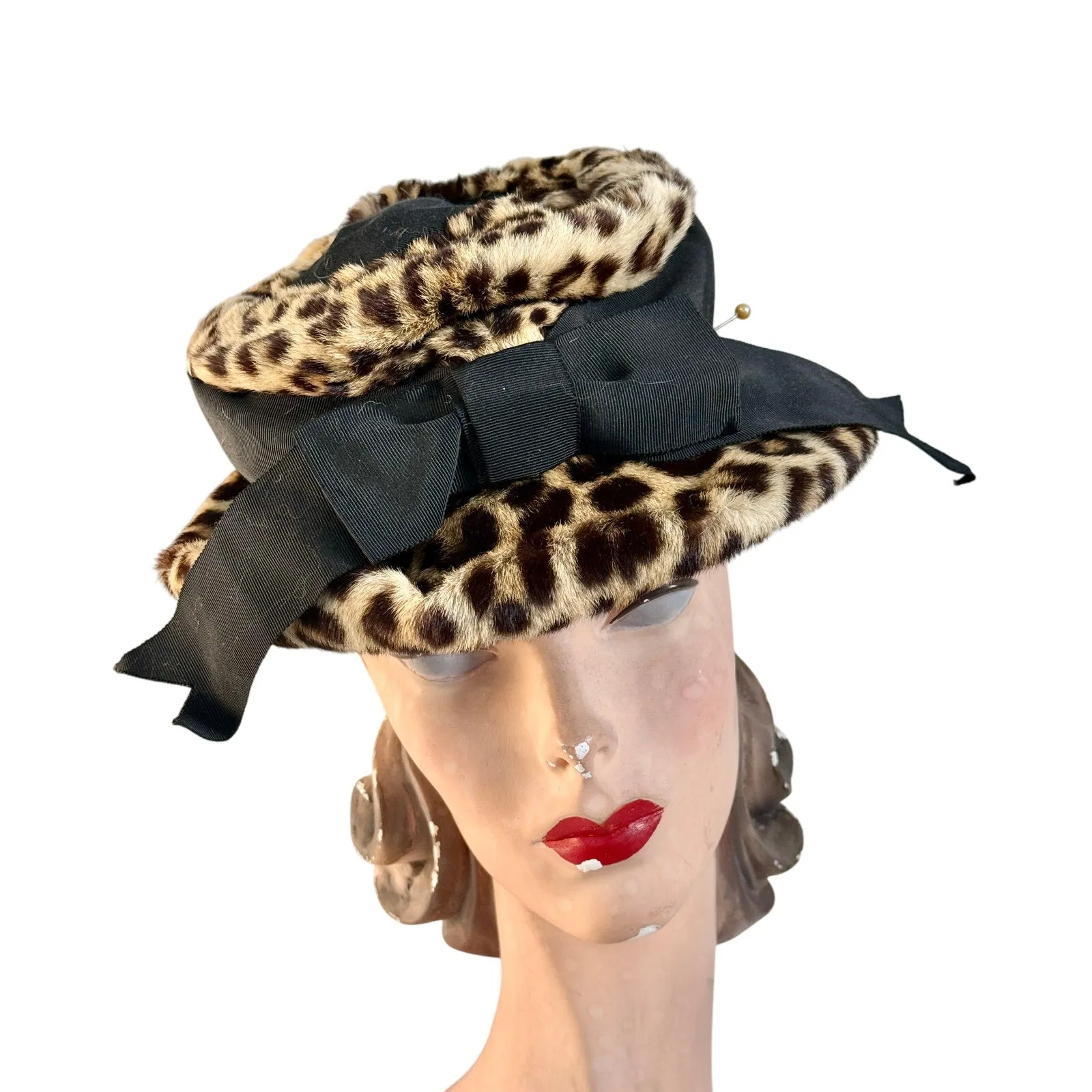 1940s Vintage Leopard Hat Real Fur 1940s Brimmed  Size S/M