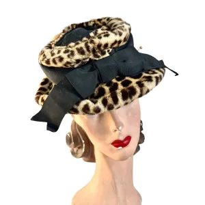 1940s Vintage Leopard Hat Real Fur 1940s Brimmed  Size S/M