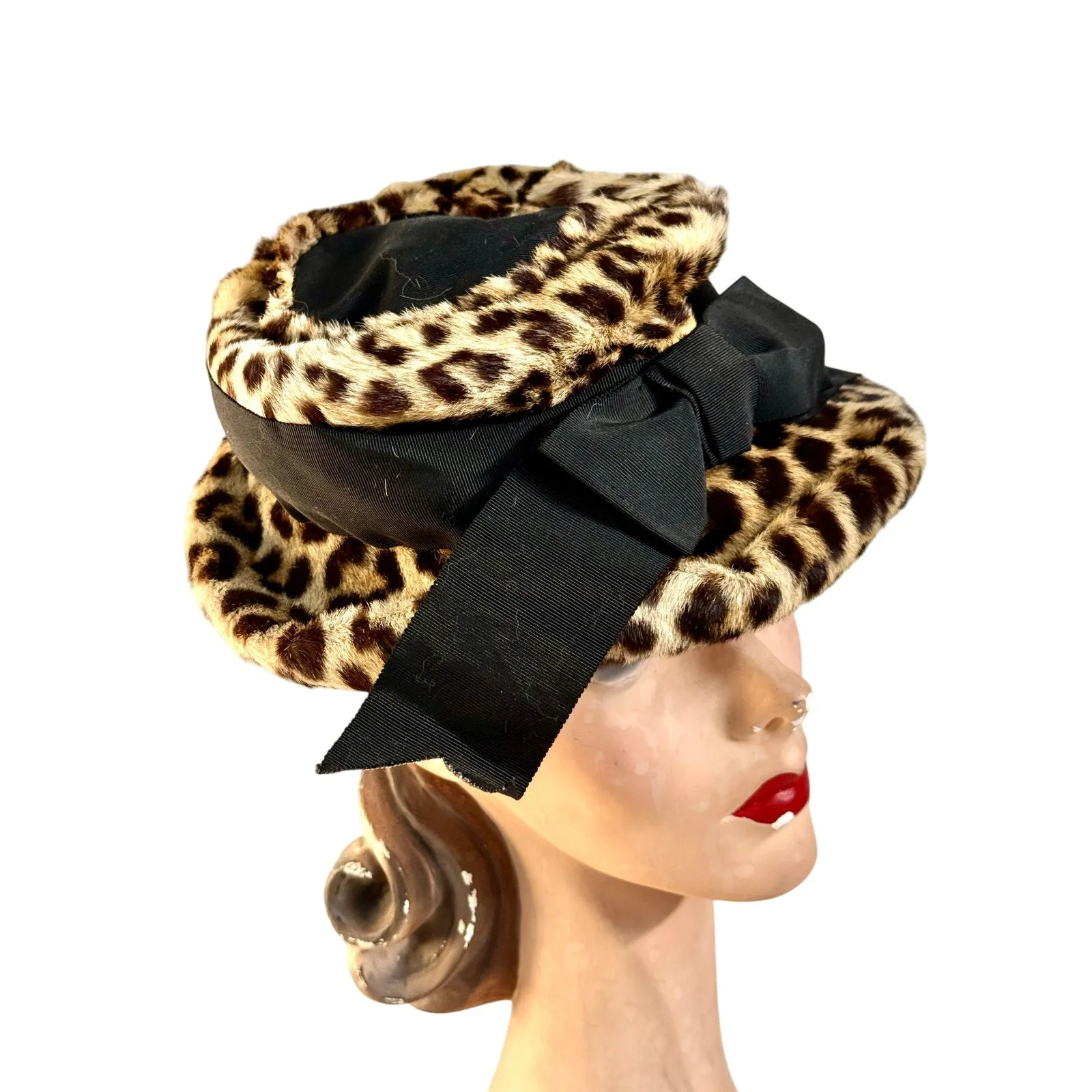 1940s Vintage Leopard Hat Real Fur 1940s Brimmed  Size S/M