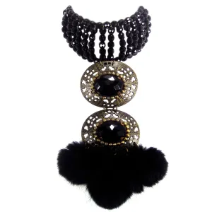 #863n Jet Bead Choker With Old Gold, Jet Cabochon & Fur Tassel Pendant