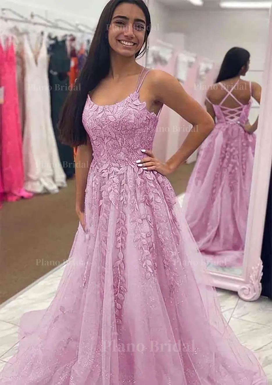 A-line Bateau Court Train Tulle Glitter Prom Dress With Appliqued Beading