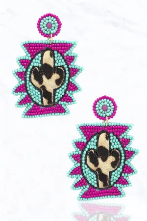 Aztec Shape Leopard Fur Cactus Earrings-Turquoise