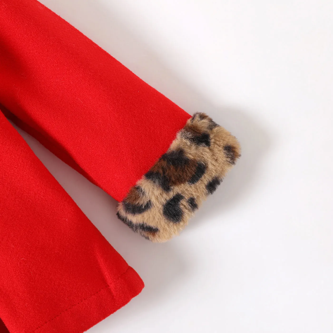 Baby Red Long-sleeve Button Leopard Hooded Wool Blend Coat