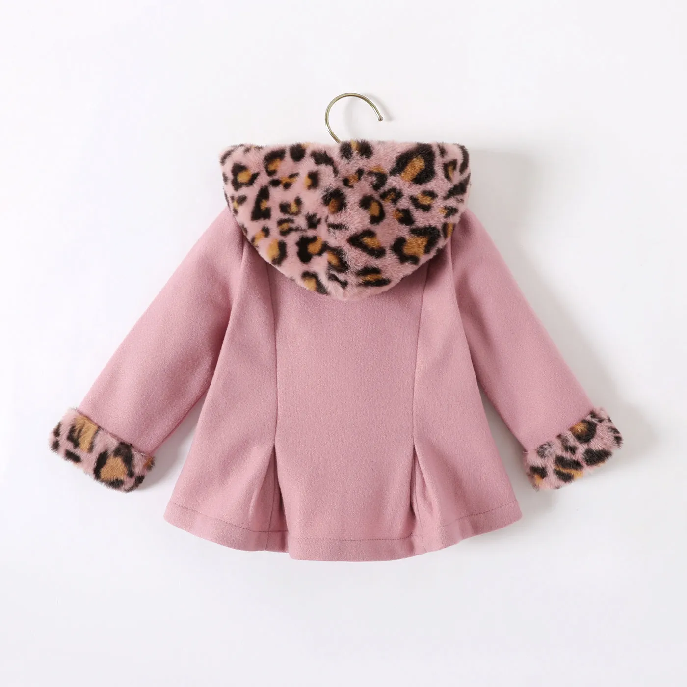 Baby Red Long-sleeve Button Leopard Hooded Wool Blend Coat