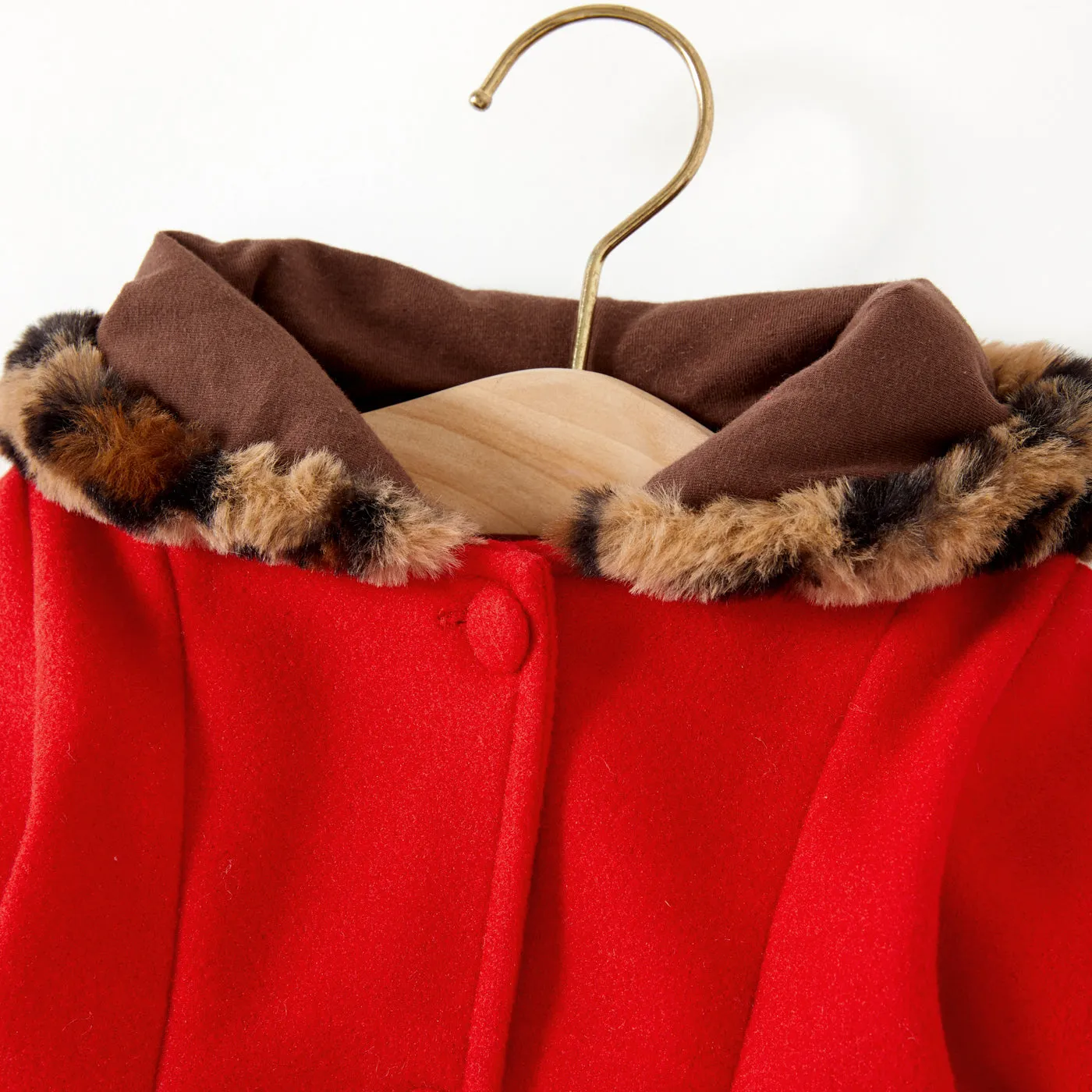 Baby Red Long-sleeve Button Leopard Hooded Wool Blend Coat