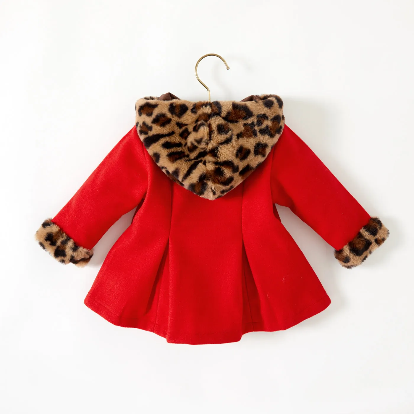 Baby Red Long-sleeve Button Leopard Hooded Wool Blend Coat