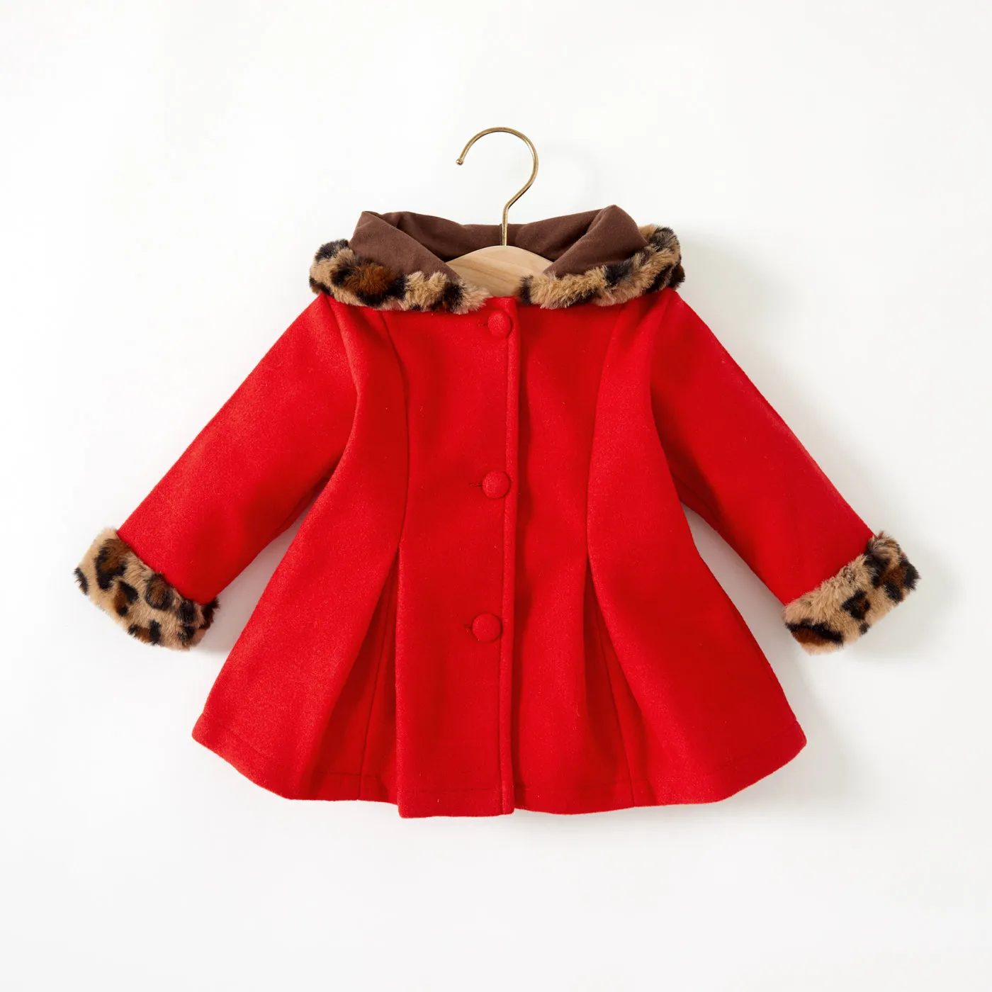 Baby Red Long-sleeve Button Leopard Hooded Wool Blend Coat