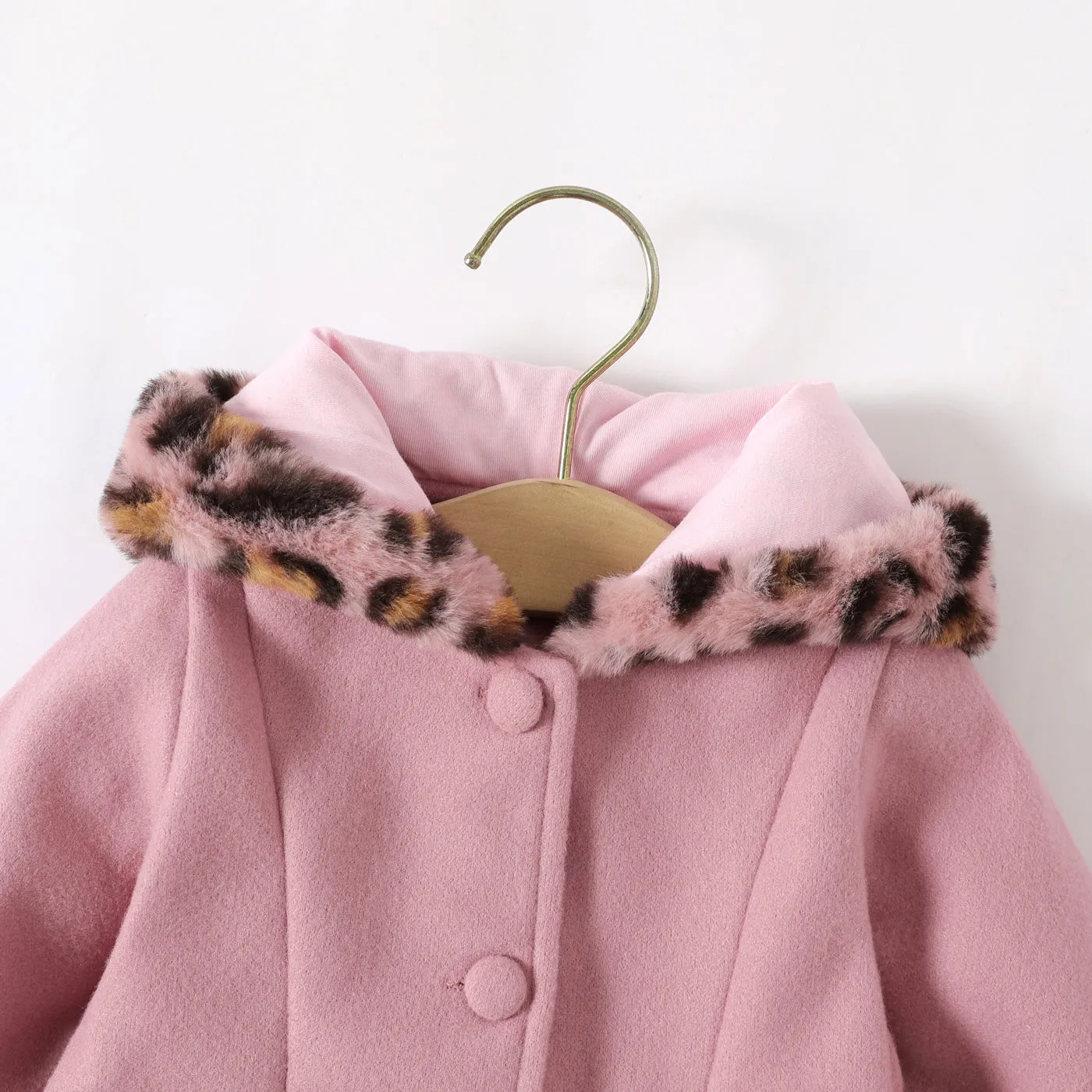 Baby Red Long-sleeve Button Leopard Hooded Wool Blend Coat