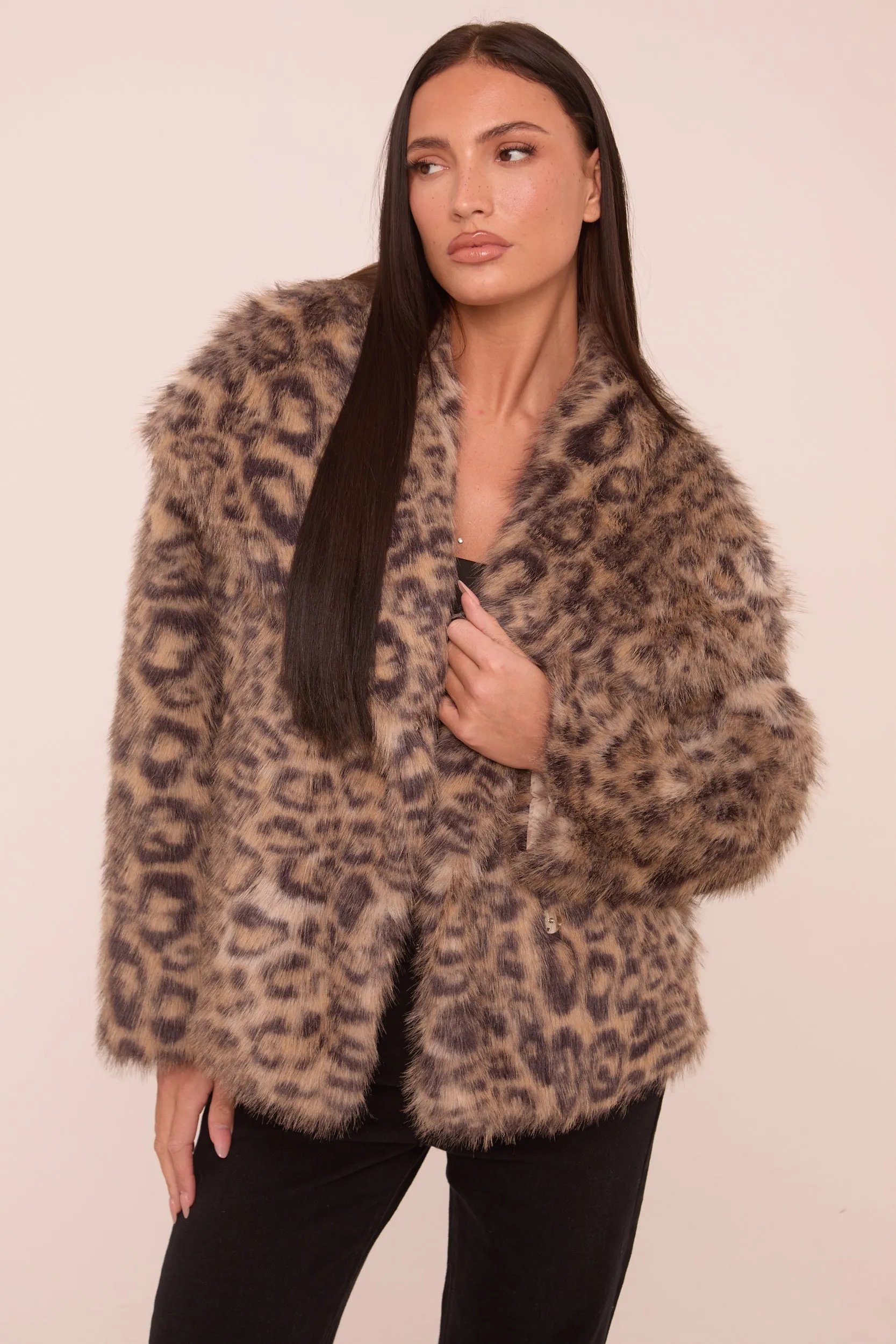 Beige Leopard Print Faux Fur Cropped Coat - Dania