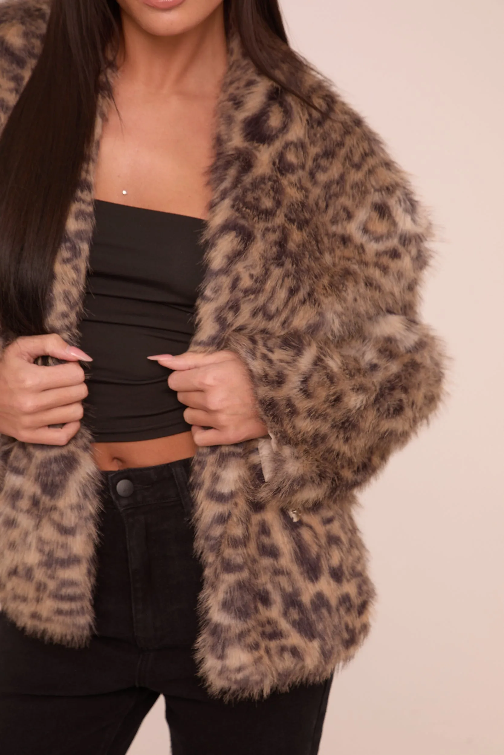 Beige Leopard Print Faux Fur Cropped Coat - Dania