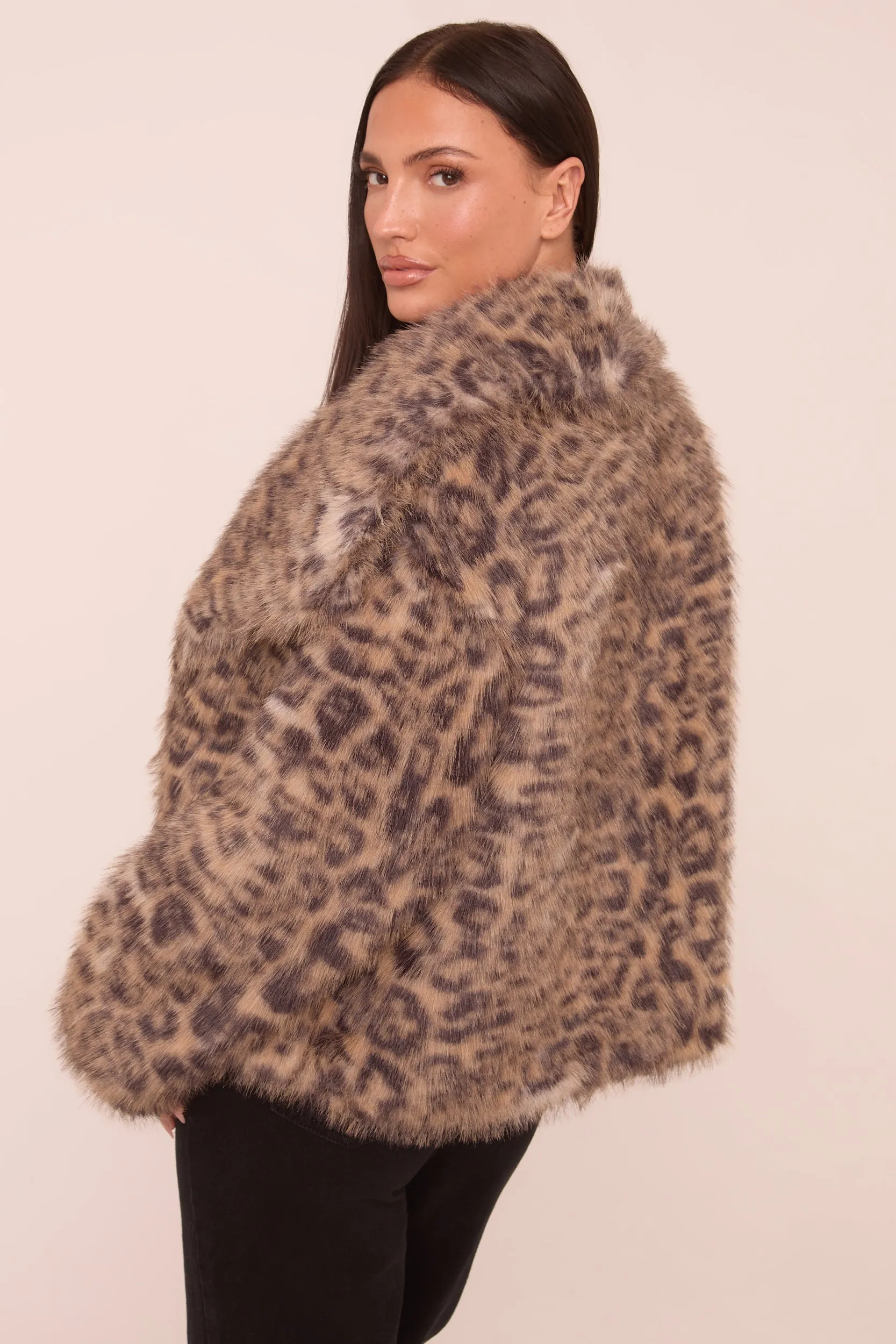 Beige Leopard Print Faux Fur Cropped Coat - Dania