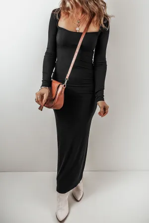 Black Long Sleeve Square Neck Maxi Bodycon Dress