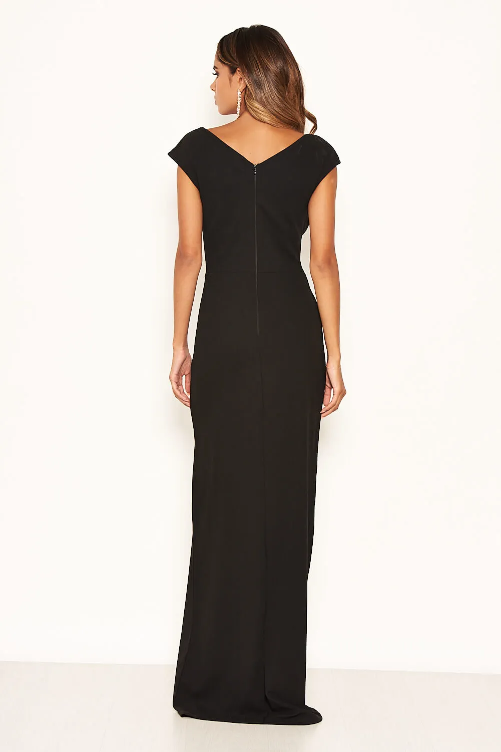 Black Wrap V Neck Slit Maxi Dress