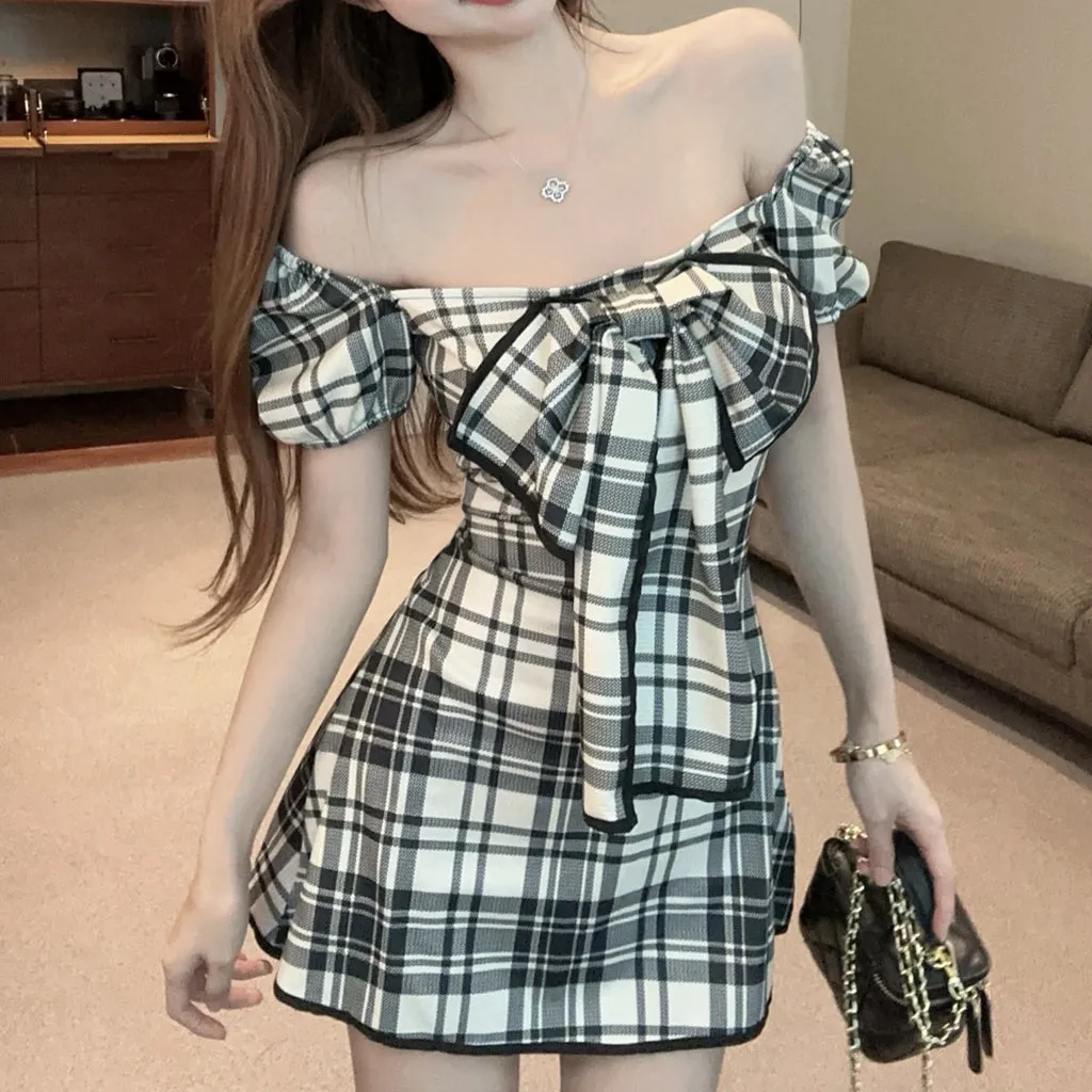 Bow Knot Plaid Short Sleeve Elastic Backless Dress