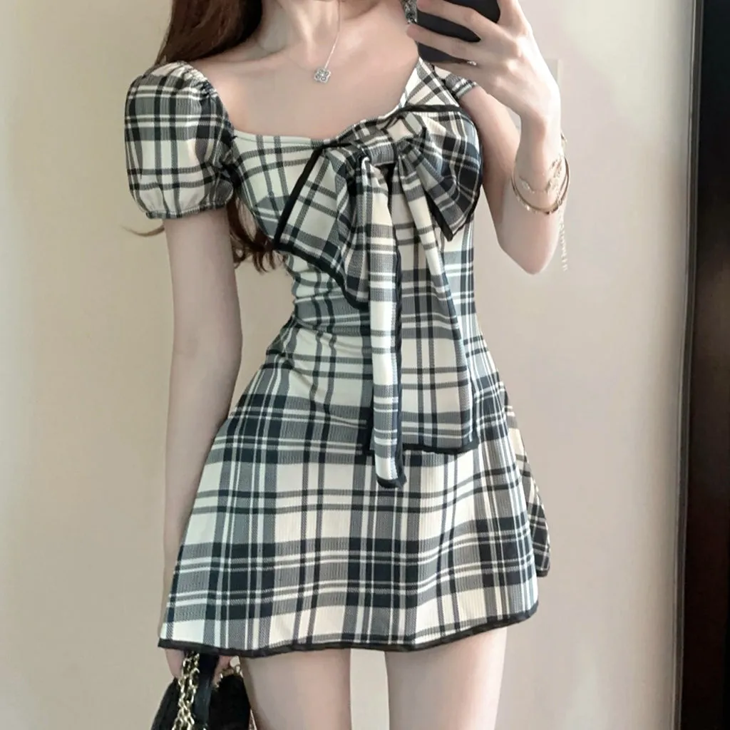 Bow Knot Plaid Short Sleeve Elastic Backless Dress