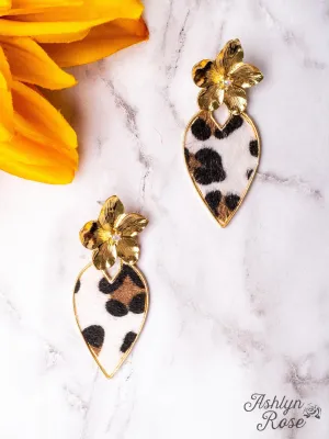 BRIGHTER DAYS GOLD FLOWER WHITE LEOPARD TEARDROP EARRINGS