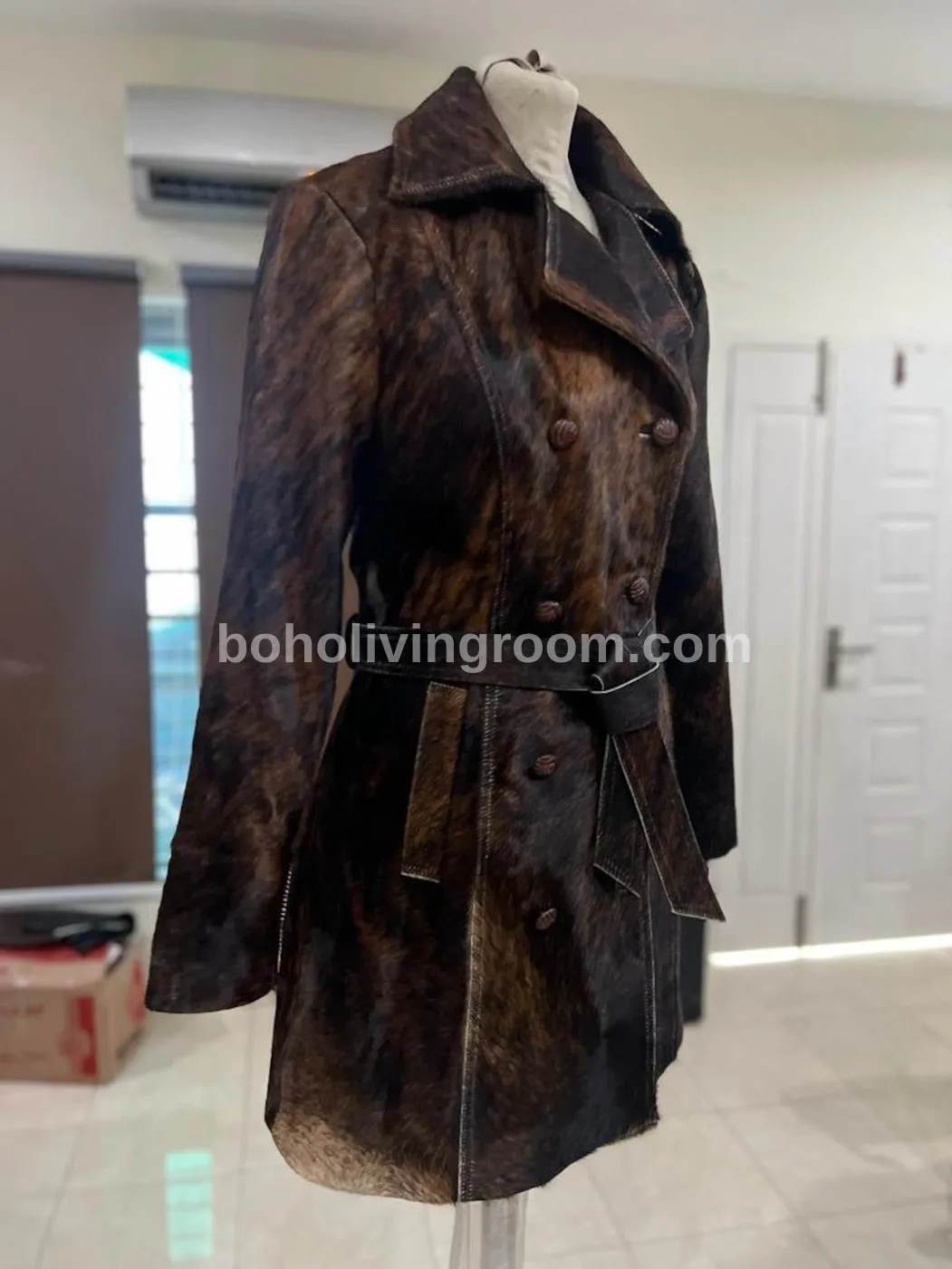 Brown Black Cowhide Fur Trench Coat