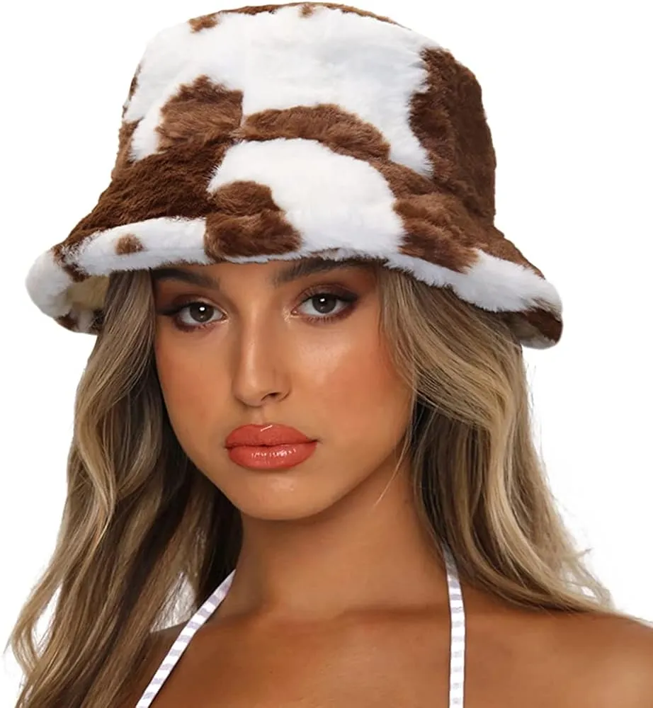 Checkered Black & White Faux Fur Winter Bucket Hat