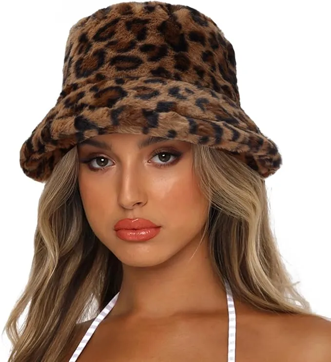 Checkered Black & White Faux Fur Winter Bucket Hat