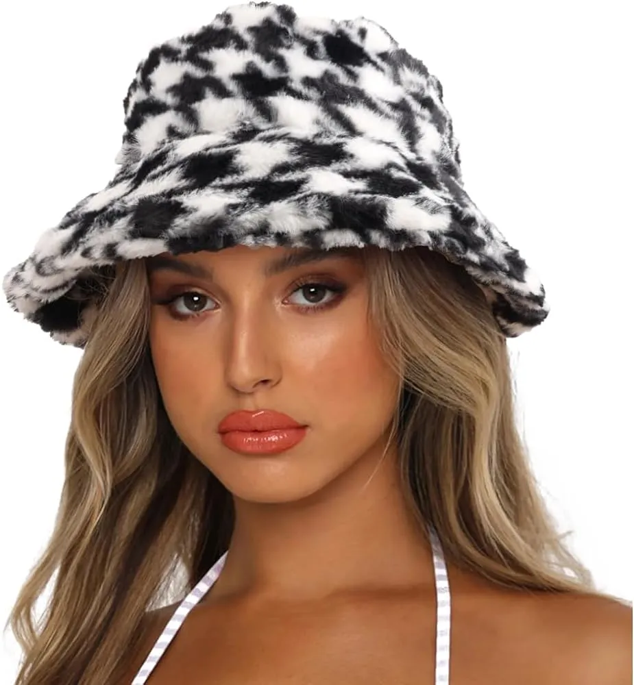 Checkered Black & White Faux Fur Winter Bucket Hat