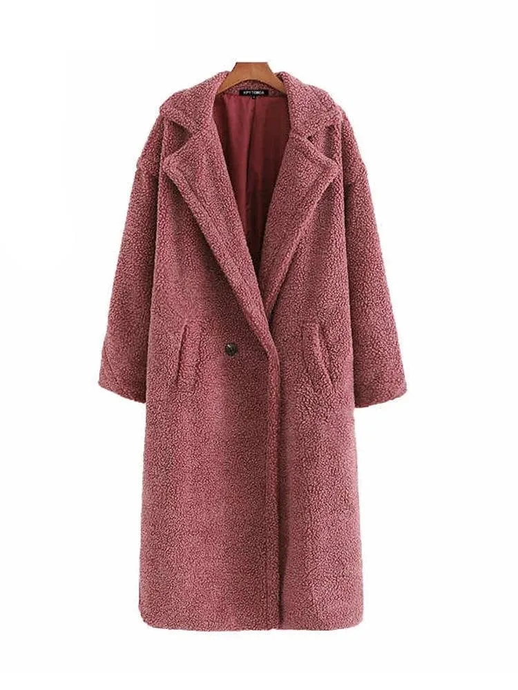 Chic Winter Luxury: Plush Faux Fur Teddy Coat with Fashionable Pockets