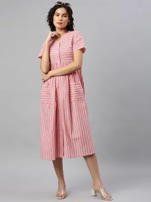 Cottinfab Red & White Striped A-Line Midi Dress