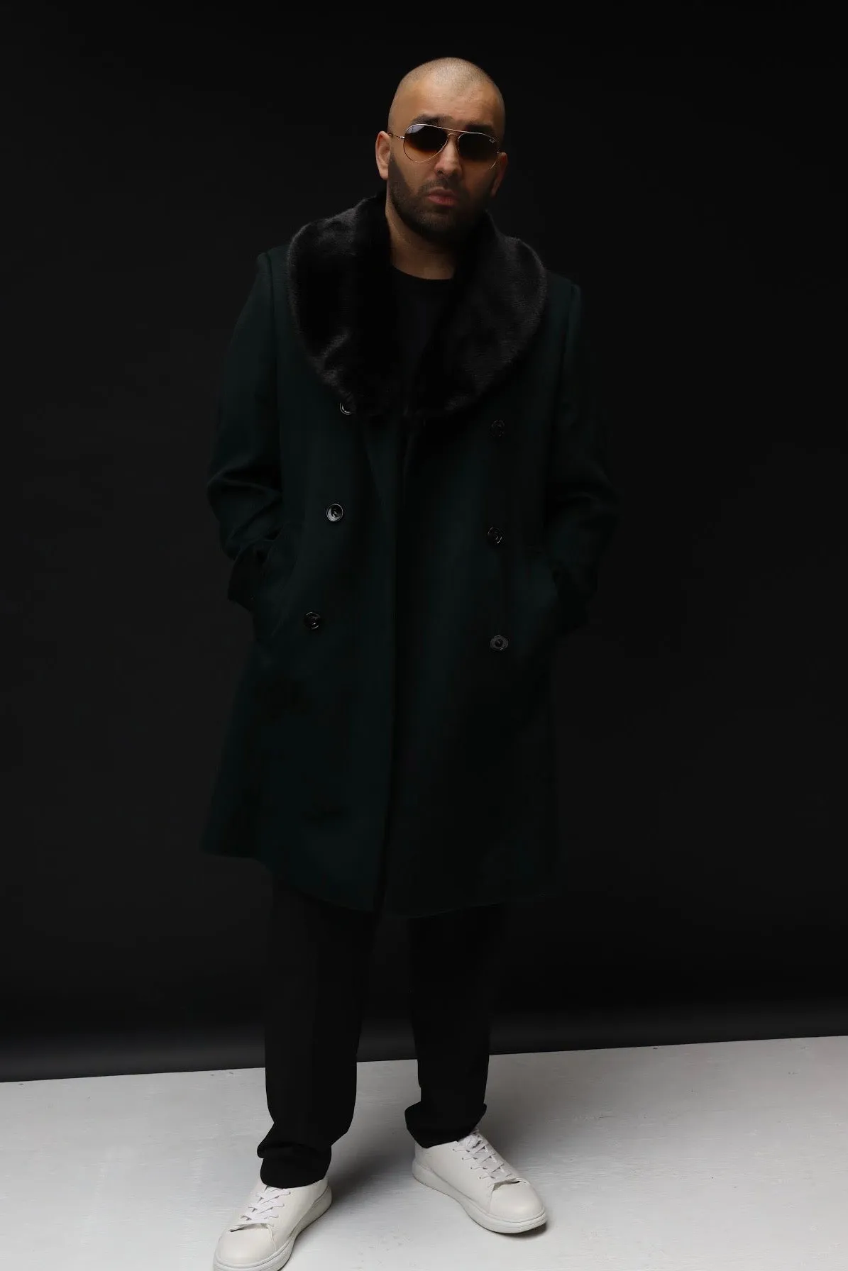 Denaro King - Rounded Faux Fur Collar Wool Cashmere Coat