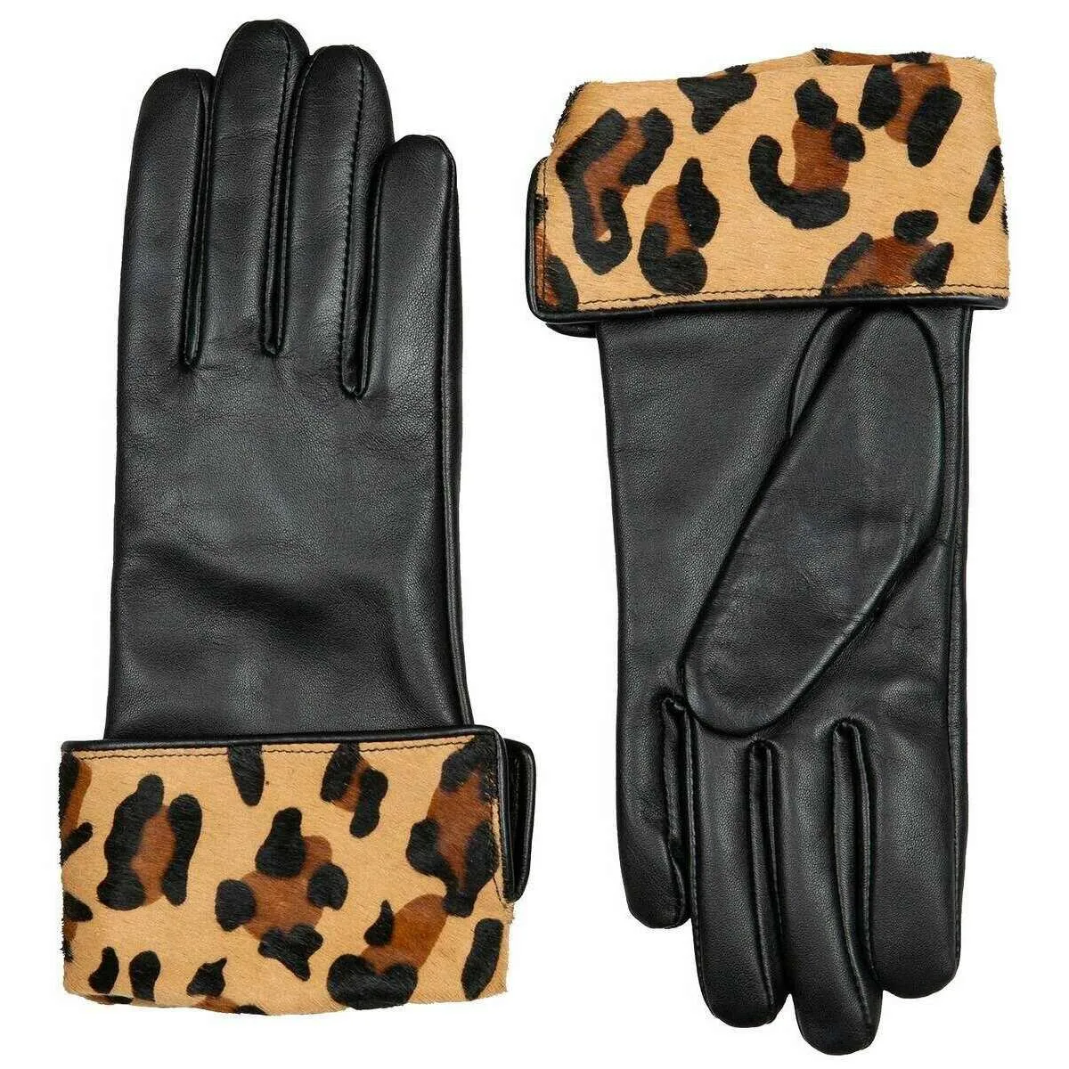 Dents Maya Ponyskin Leopard Print Cuff Leather Gloves - Black