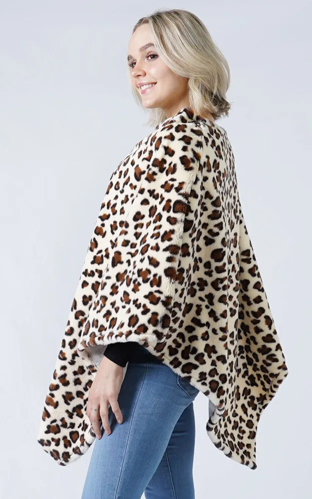 EAP9869 Leopard Pattern Faux Fur Poncho