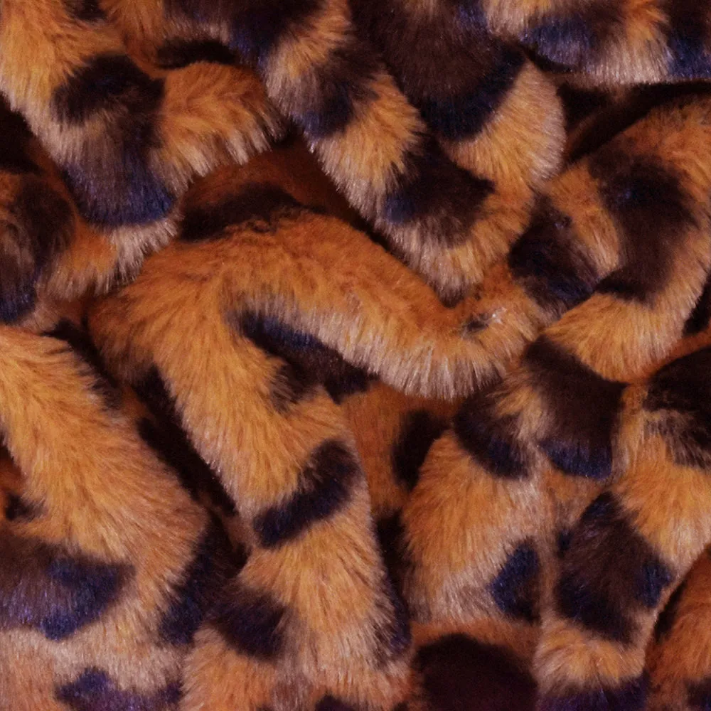 Earth Orange-Black-Brown Leopard Printed Faux Fur Stretch Knit Fabric