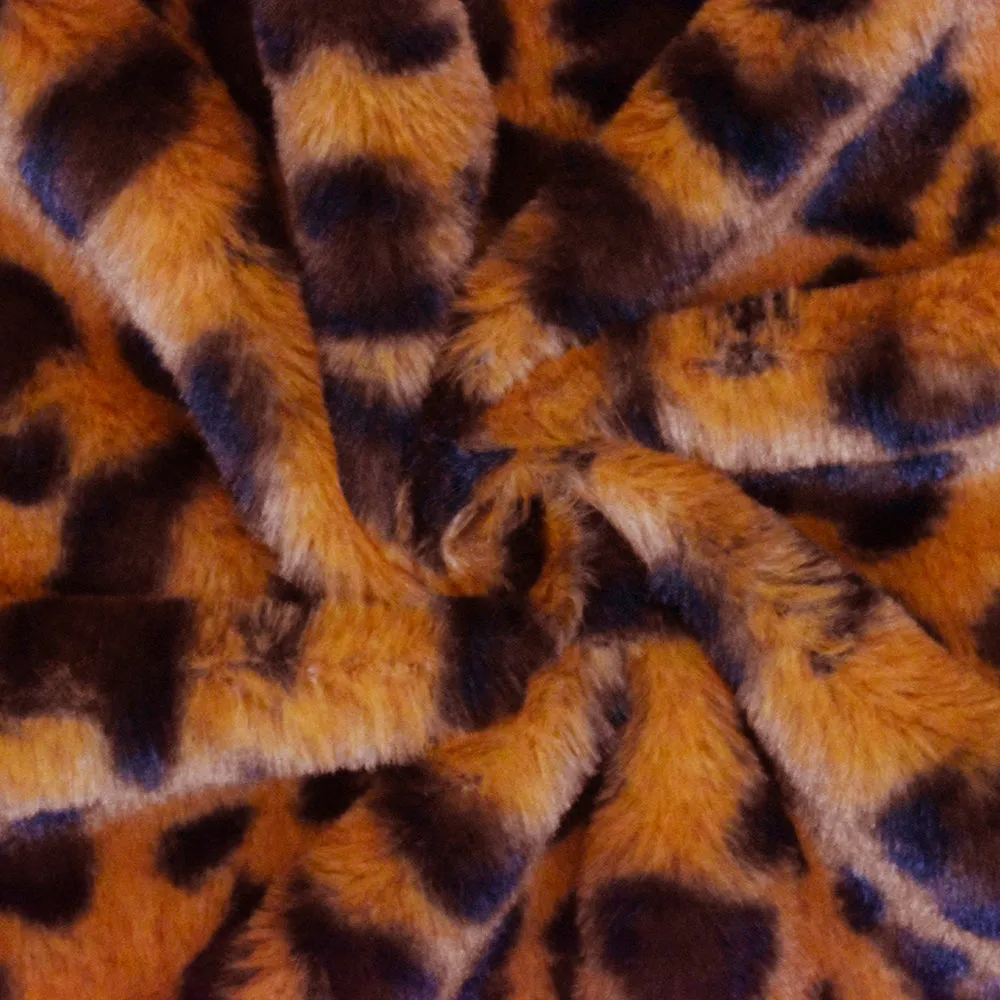 Earth Orange-Black-Brown Leopard Printed Faux Fur Stretch Knit Fabric