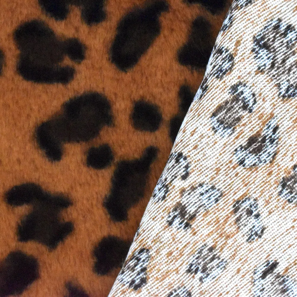 Earth Orange-Black-Brown Leopard Printed Faux Fur Stretch Knit Fabric