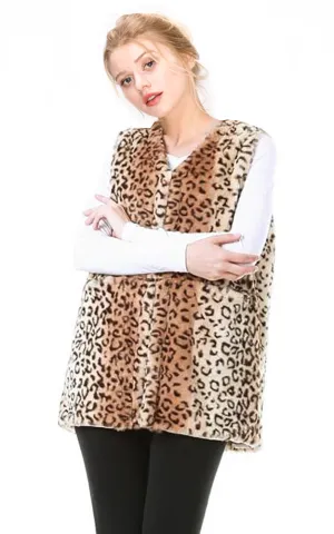 EAV9163 Brown Leopard Print Faux Fur Pocket Vest