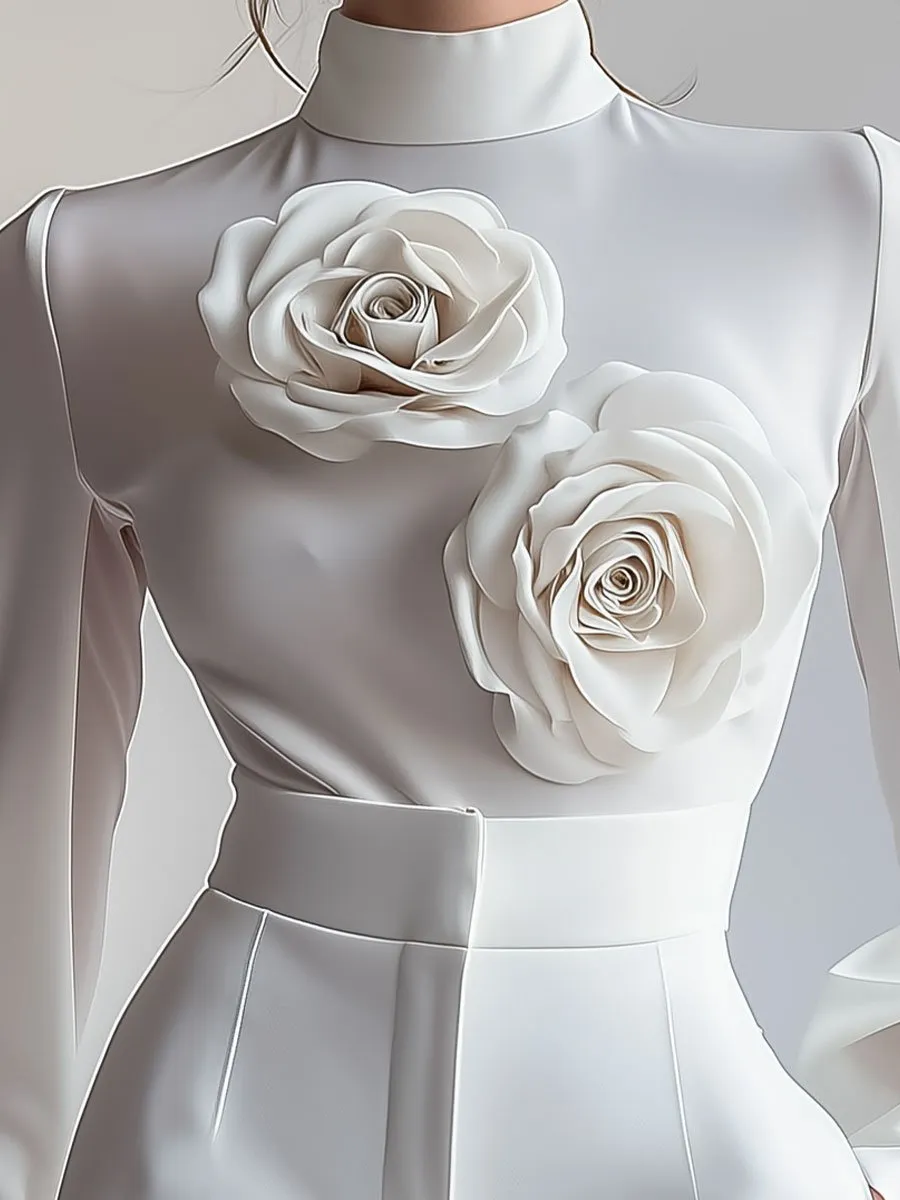 Elegant White High-Neck Blouse with 3D Floral Design