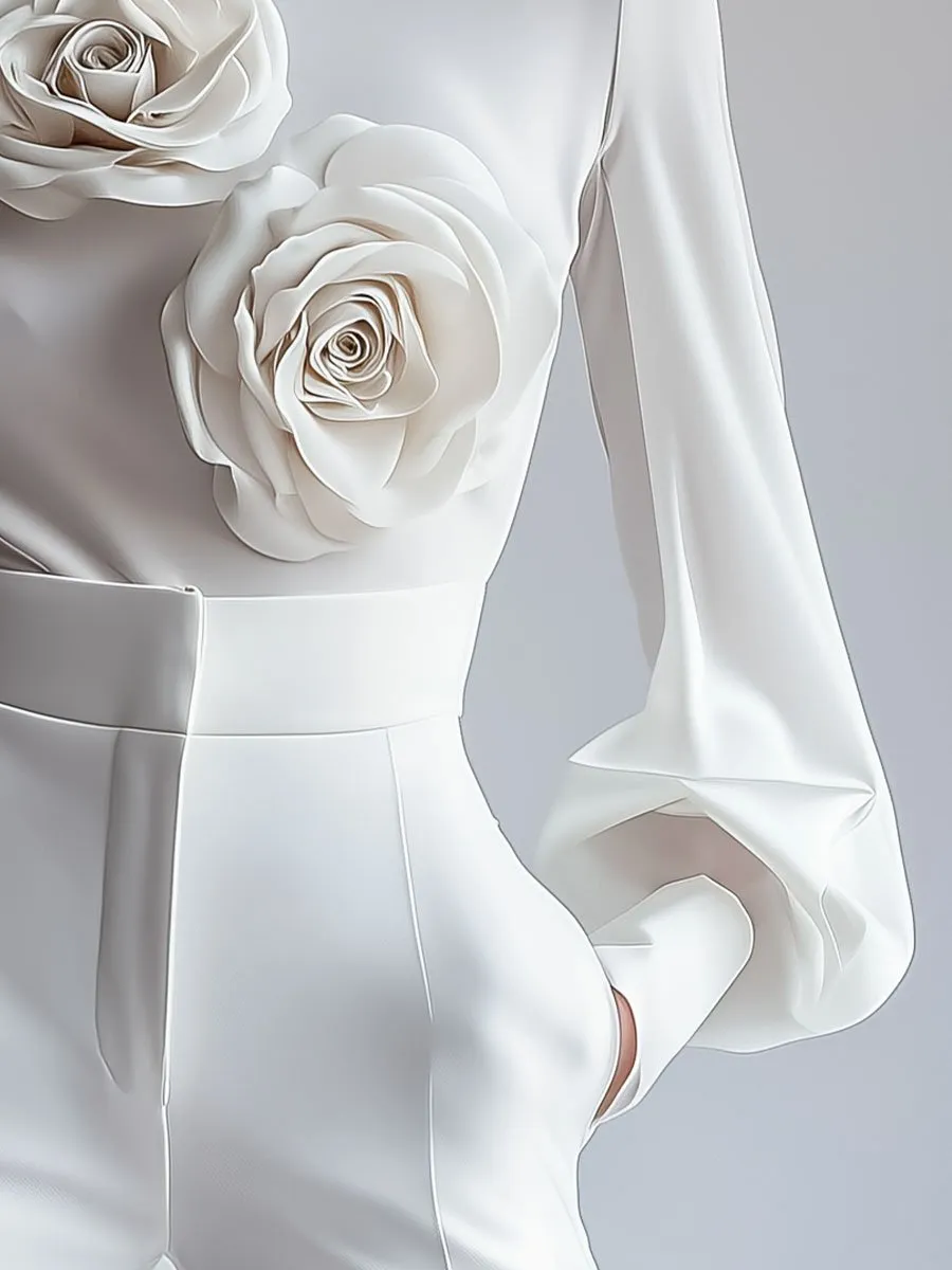 Elegant White High-Neck Blouse with 3D Floral Design