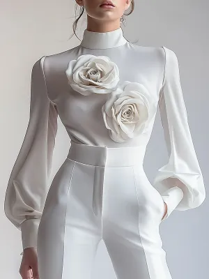 Elegant White High-Neck Blouse with 3D Floral Design