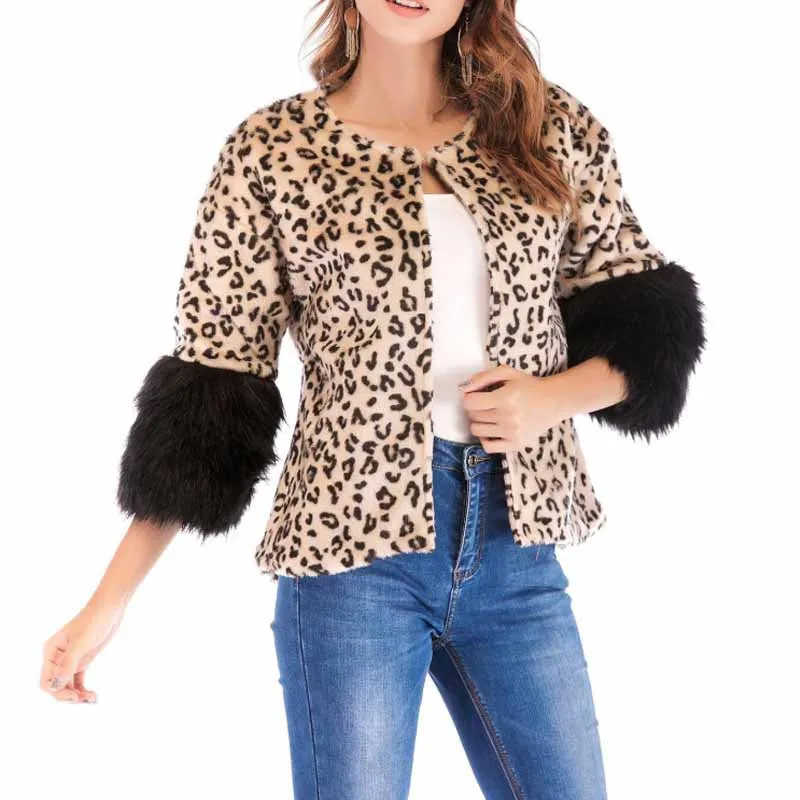 Fashion Fur Long Sleeve Leopard Printed Coat