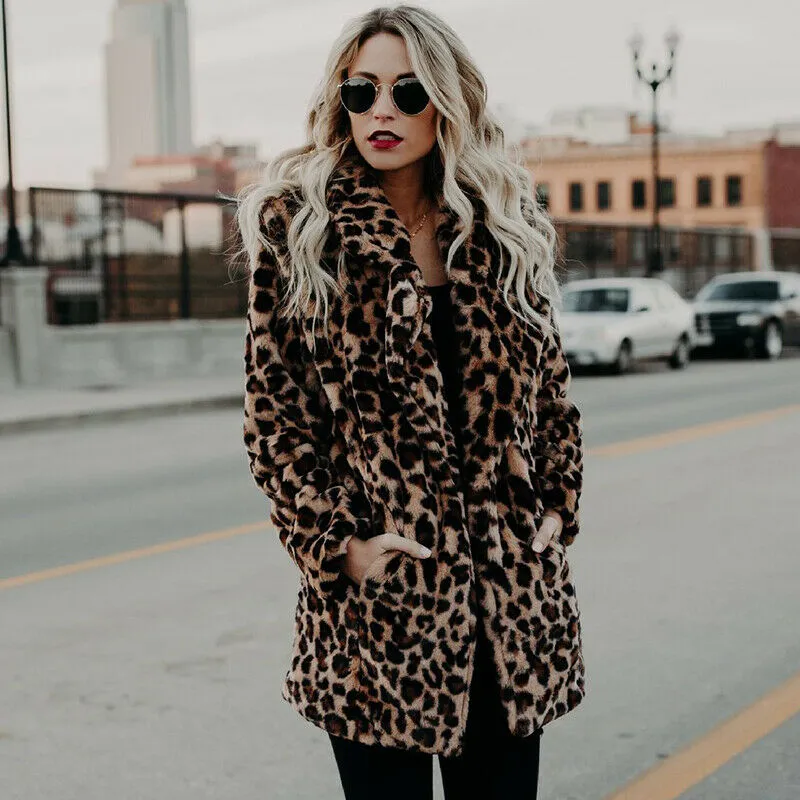 Faux Fur Brown Cheetah Printed Long Sleeve Winter Coat