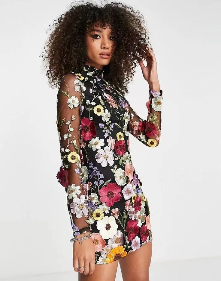 Floral Elegance Sheath Chic Flower Embroidered Mini Dress