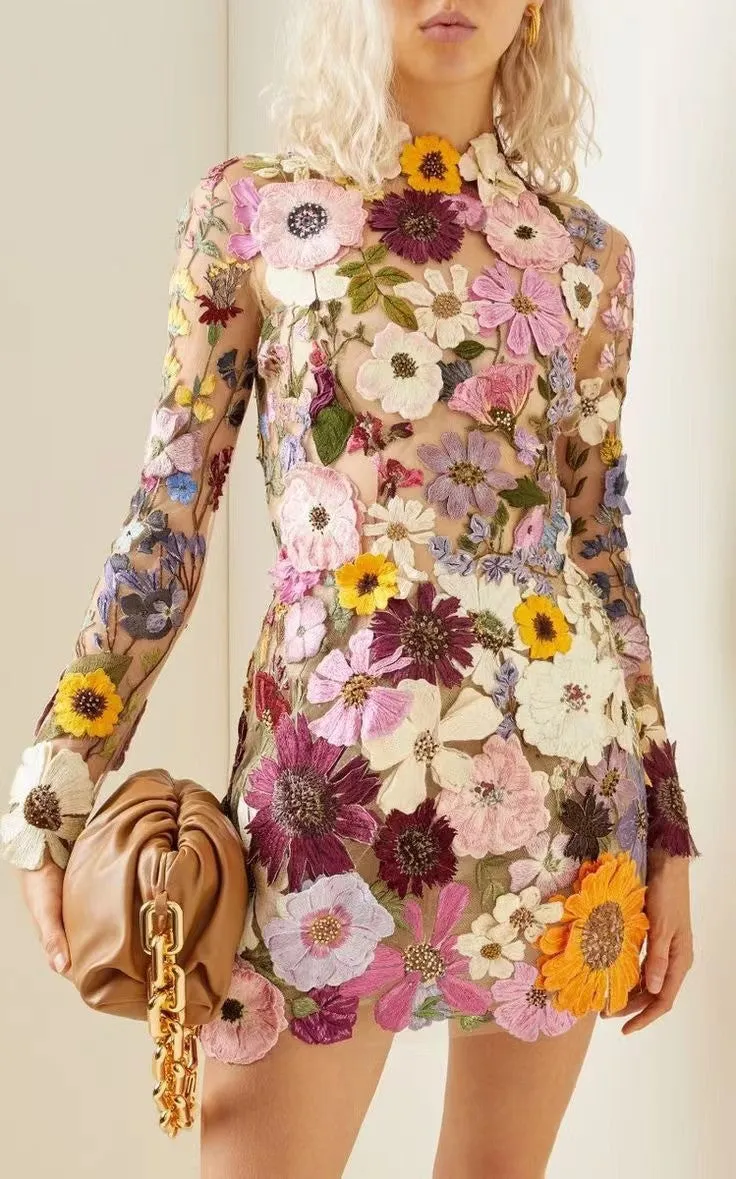 Floral Elegance Sheath Chic Flower Embroidered Mini Dress