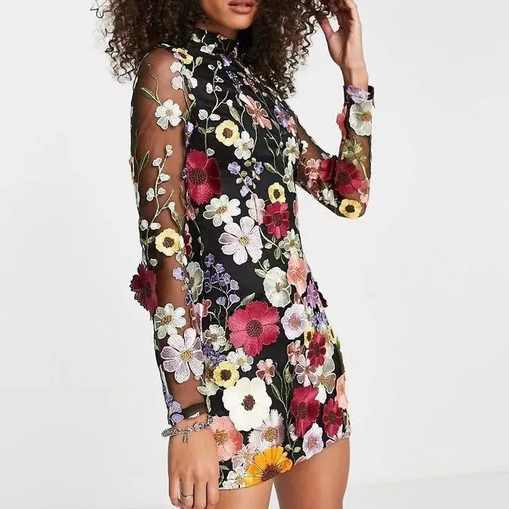 Floral Elegance Sheath Chic Flower Embroidered Mini Dress