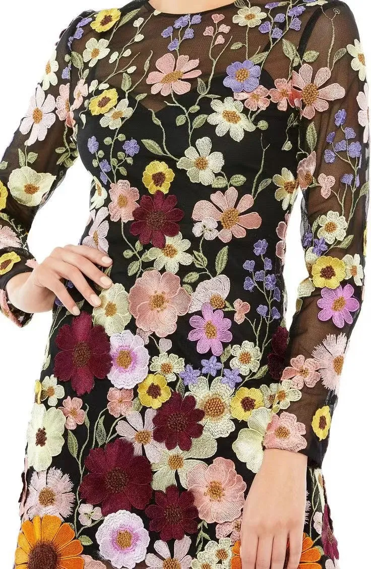 Floral Elegance Sheath Chic Flower Embroidered Mini Dress