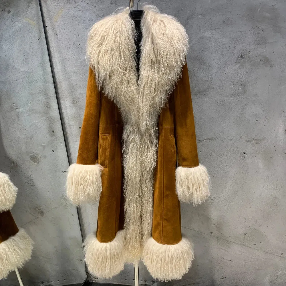 Genuine Sheepskin Suede Shearling Long Coat