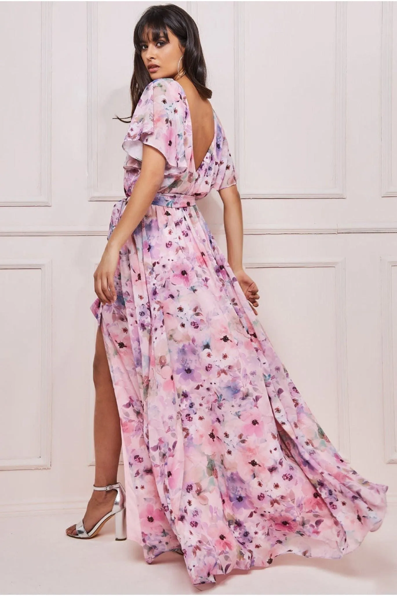 Goddiva Wrap Back Flutter Sleeve Maxi Dress - Pink